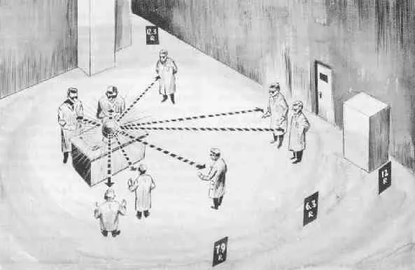 Declassified floor plan sketch showing positions of Slotin and witnesses during the criticality accident
