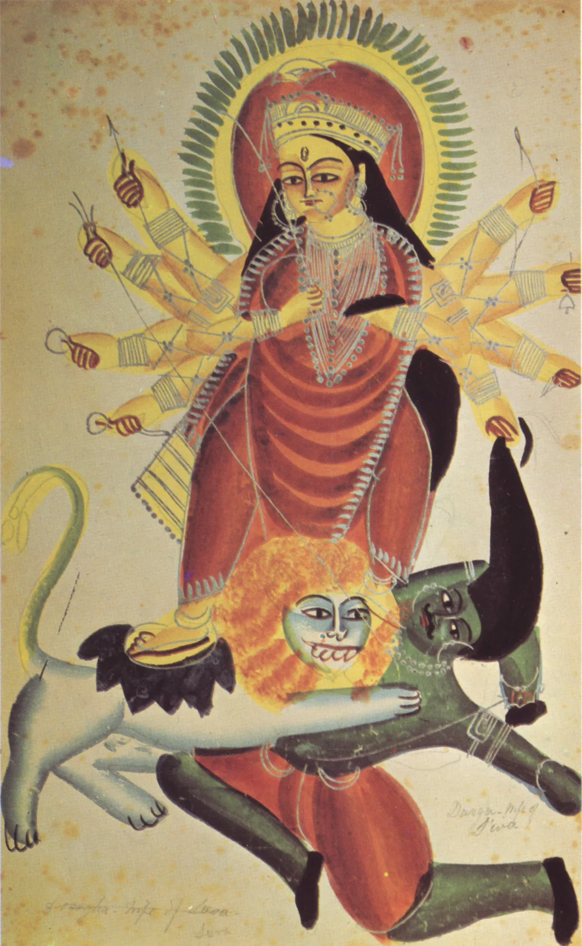 Goddess Durga on her lion slaying the demon Mahishasura